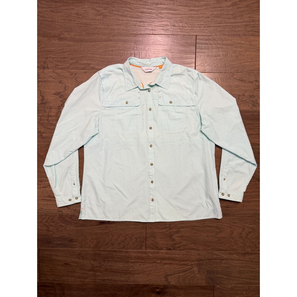 Orvis Fishing Shirt Womens XL Mint Green Gingham Ventilated Roll Tab Outdoor Top